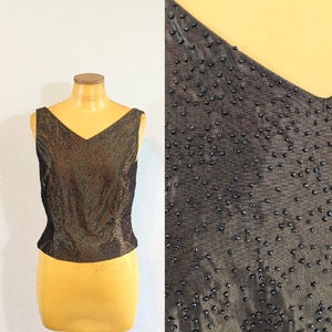 1990s Ann Taylor Shiny Dark Green Beaded Tank Top // Small
