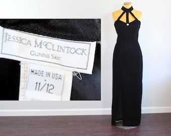 1990s Gunne Sax Jessica McClintock Black Velvet Halter Dress // Small