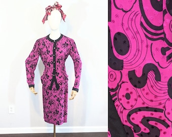 Traje de falda de seda abstracta Louis Feraud Magenta de la década de 1980 // Pequeño