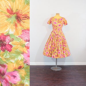 1950s Polished Cotton Floral Day Dress // Small