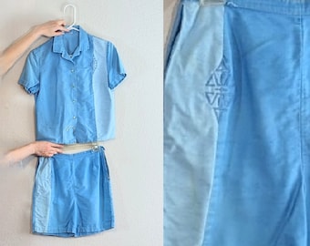 Ensemble cabana hawaïen bicolore bleu des années 50 // Haut + short // Très petit