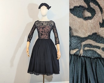 1950s Sandra Sage Black + Pink Devore Velvet + Silk Chiffon Party Dress // Extra Small Petite