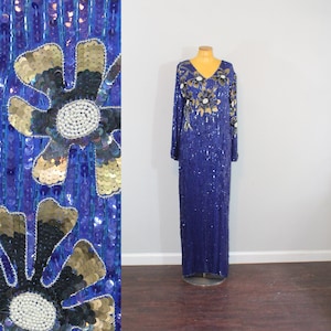 1970s NOS Floral Sequin and Beaded Silk Gown // Medium