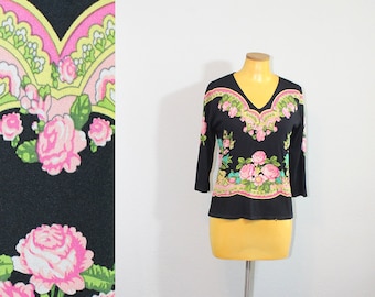 1990s Joseph A. Silk Rose Print Blouse // Large