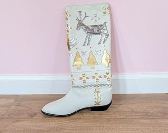 1980s Beverly Feldman White Leather Christmas + Hanukah Tall Boots // Size 6.5 // Metallic Reindeer