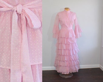 1960s Pink Swiss Dot Tiered Ruffle Maxi Dress // Miss Melinda // Extra Small