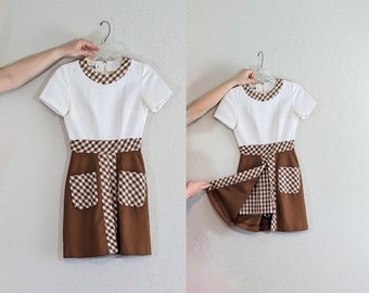 1960s Carlette White & Brown Checkered Romper Mini Dress // Extra Small