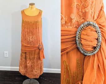 1920s Orange Silk Devore Velvet Flapper Evening Dress with Beading // Small to Medium