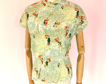 1940s London City Novelty Print Silk Blouse by Mel Hahn & Gilbert // Medium - Large
