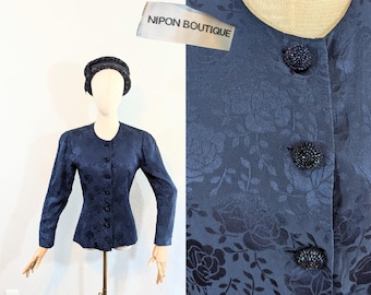 Marineblauwe zijden Nipon Boutique-jas uit de jaren 80 met rozenprint // klein