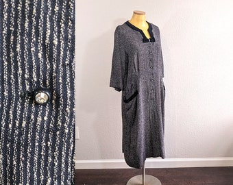 1940s Korell Black Striped Shirtdress with Rhinestone Buttons // Extra Large