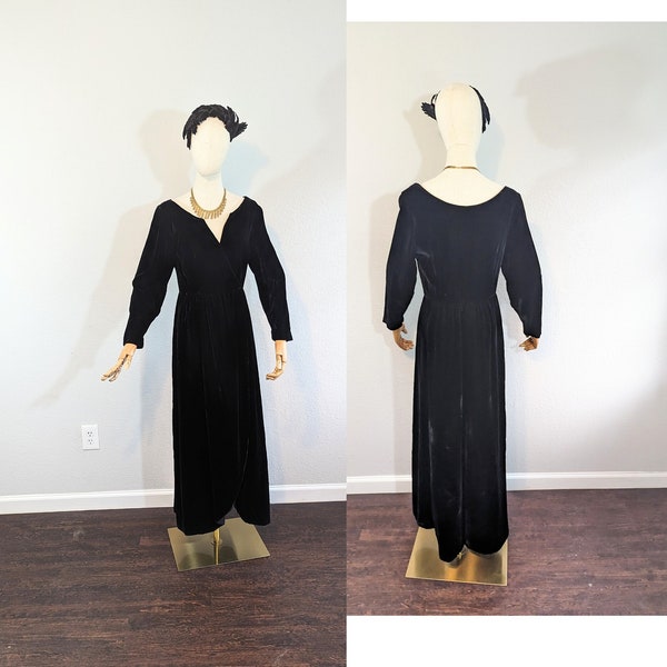 1970s Mollie Parnis by Morty Sussman Black Velvet V-neck Wrap Gown // Medium