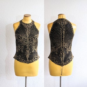 1990s Jkara Black & Gold Beaded Evening Tank Blouse // Small