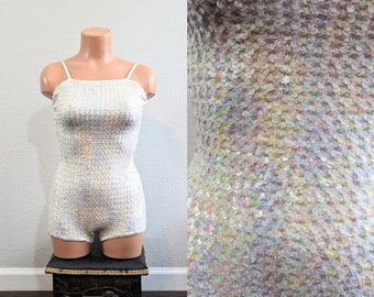 1960s White Iridescent Sequin Showgirl Dance Leotard // Extra Small