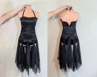 1940's Black Satin Dance Costume Leotard + Chiffon Scarf Belt // Extra Small