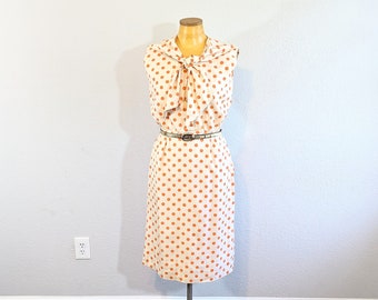 1960s Eve Le Coq Orange Polka Dot Polished Cotton Day Dress with Pussy Bow // Small