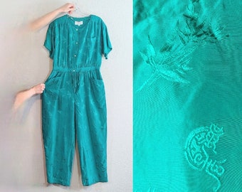 1980s Green Silk Bamboo Leaf Print Jumpsuit // Medium