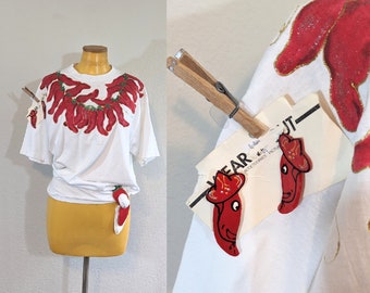 1990s Hand Painted Chili Pepper T-shirt + Matching Earrings // Large