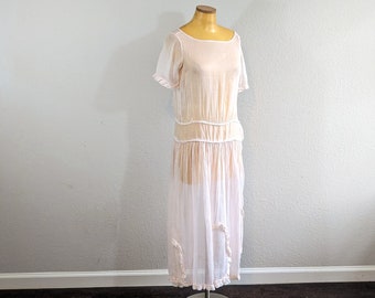 1920s Pale Pink Cotton Voile Sheer Drop Waist Day Dress // Small