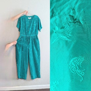 1980s Green Silk Bamboo Leaf Print Jumpsuit // Medium