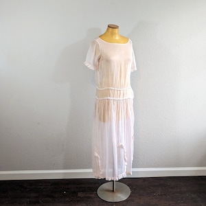 1920s Pale Pink Cotton Voile Sheer Drop Waist Day Dress // Small