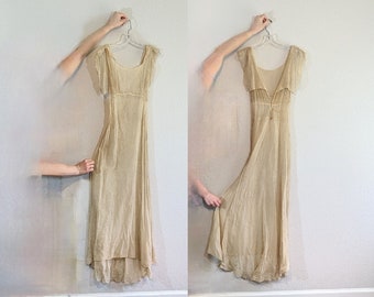 1930s Beige Silk Chiffon Gelatin Sequin Sheer Evening Gown // Extra Small