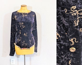 1980s Donna Jessica Art to Wear Black Velvet & Gold Vines Sweater Blouse // Small to Medium