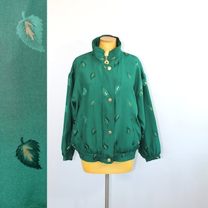 1980s Green Silk Leaf Print Bomber Jacket // Mureli // Small