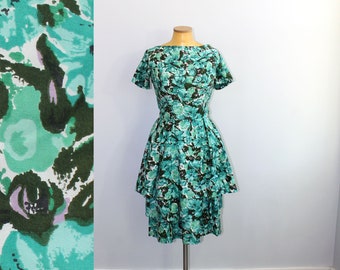 1950s Suzy Perette Teal Floral Party Dress // Extra Small