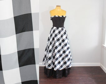 1980s Gunne Sax Black Plaid Strapless Prom Dress // Extra Small