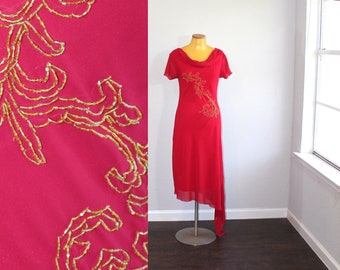 Y2K Red Beaded Asymmetrical Hem Dress // Medium
