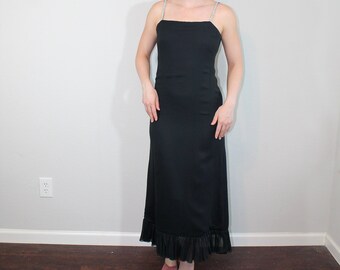 1950s Black Mardi Gras Evening Gown with Back Bow and Ruffles // Small