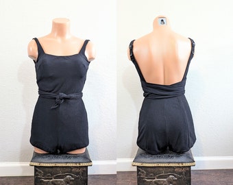 1970s Rose Marie Reid Black Tie Waist Playsuit - Swimsuit // Small