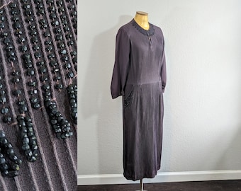 1940s Beaded & Micro Pleated Grey Rayon Crepe Dress // Large