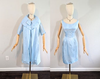 Ensemble assorti robe + veste bleu clair Sylvia Ann des années 1950 // Moyen