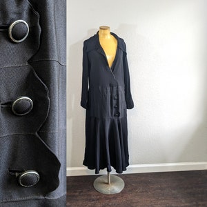 1920s Drop Waist Black Crepe de Chine Day Dress // Large