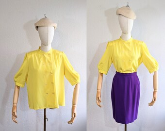 1980s Guy Laroche Neon Yellow Button Up Blouse // Medium to Large