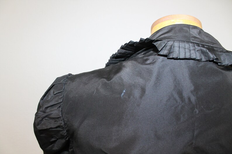 XS 1980s Black Taffeta Wrap Coat Lightweight with Ruffle Trim