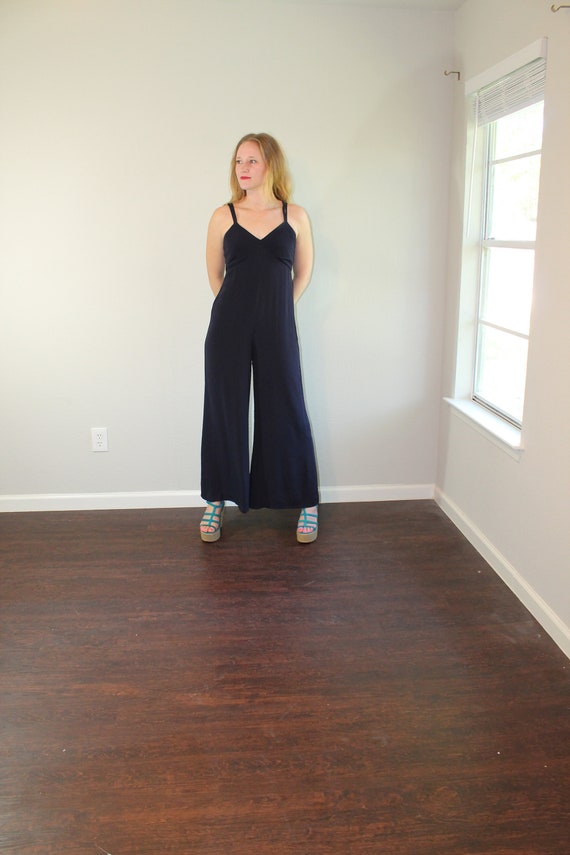 1990s Strappy Wide Legged Navy Jumpsuit // Gillia… - image 1