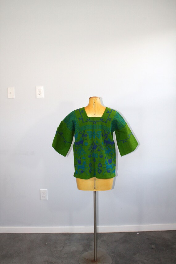 1970s Green Wool Hand Embroidered Mexican Tunic B… - image 3