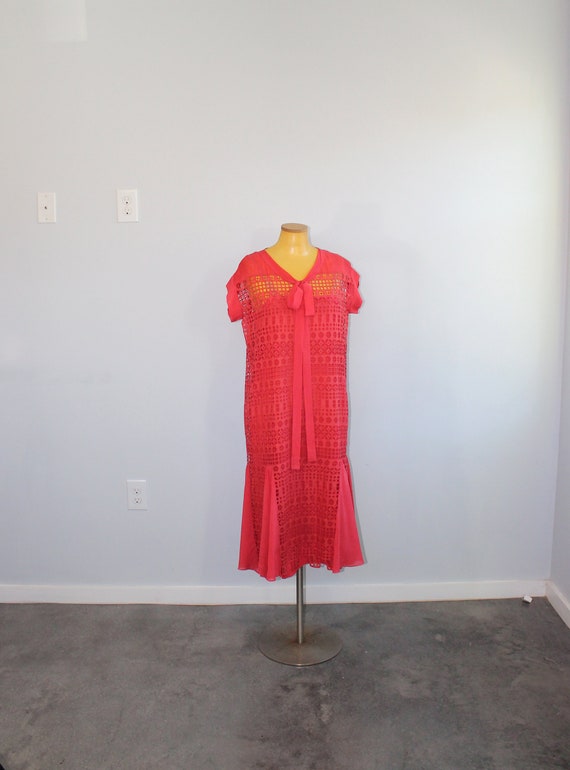 1920s Red Eyelet Cotton Day Dress & Slip // Medium