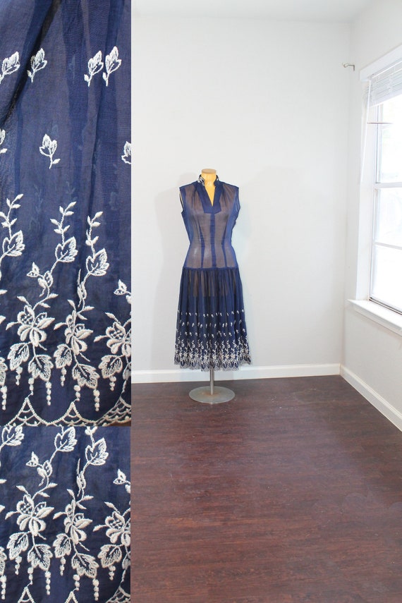 1950s Sheer Navy Embroidered Dress // Medium