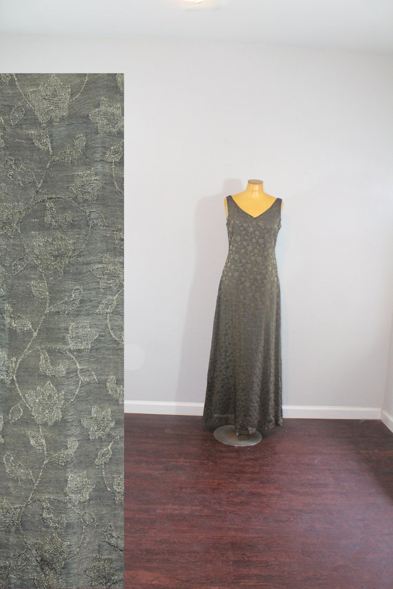 1990s Metallic Golden Green Floral Maxi Dress // S