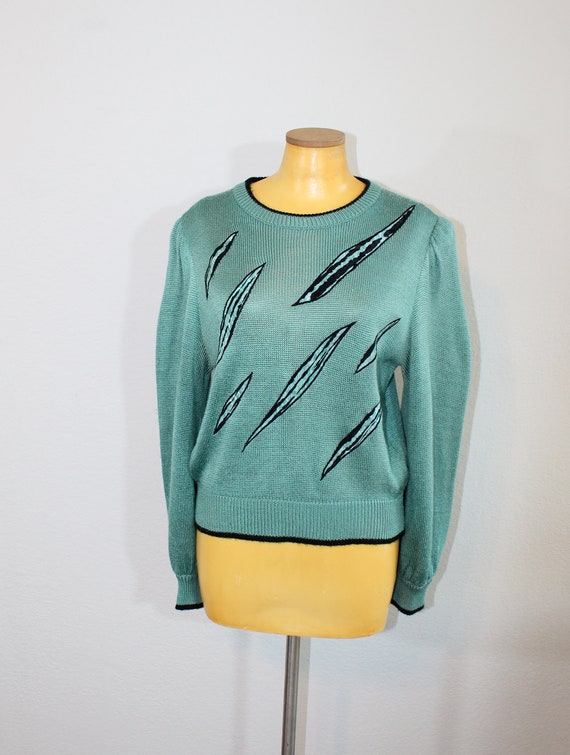 1980s Piat Ltd Teal Knit Graphic Sweater // Mediu… - image 3