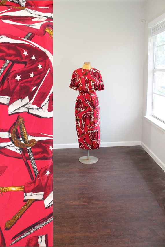 1980s Red Silk Sword Blouse and Skirt Matching Set