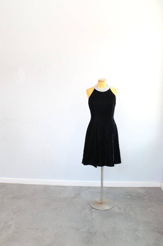 1990s Black Velvet Halter Top Necklace Party Dress