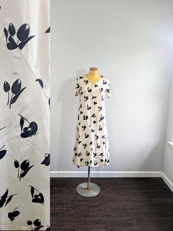 1930s Cream Silk Tulip Print Dress // Small - image 1