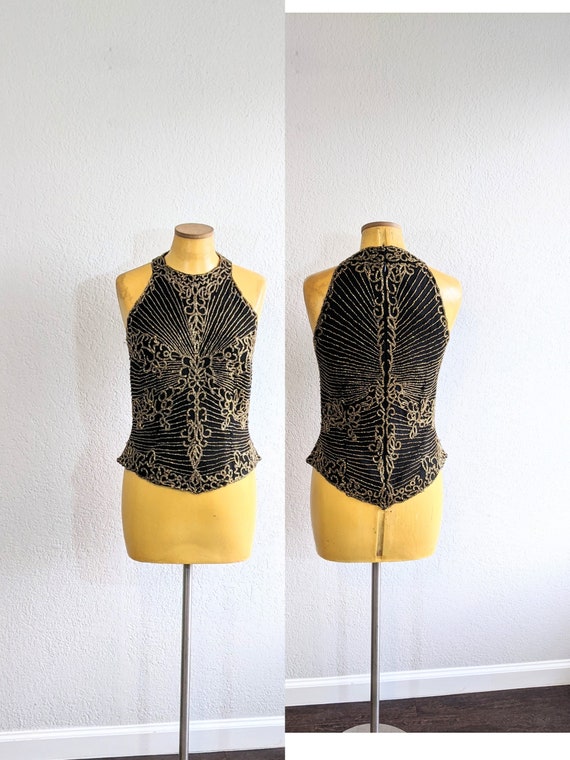 1990s Jkara Black & Gold Beaded Evening Tank Blous