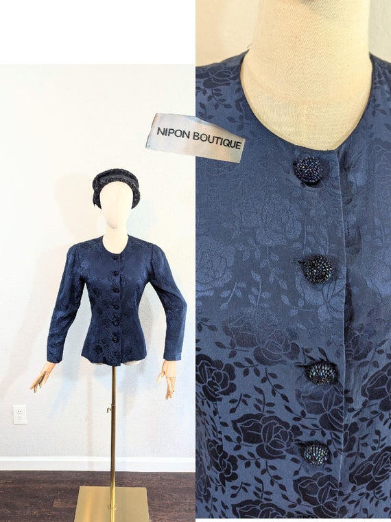 1980s Navy Blue Silk Nipon Boutique Jacket With Rose Print Small Etsy
