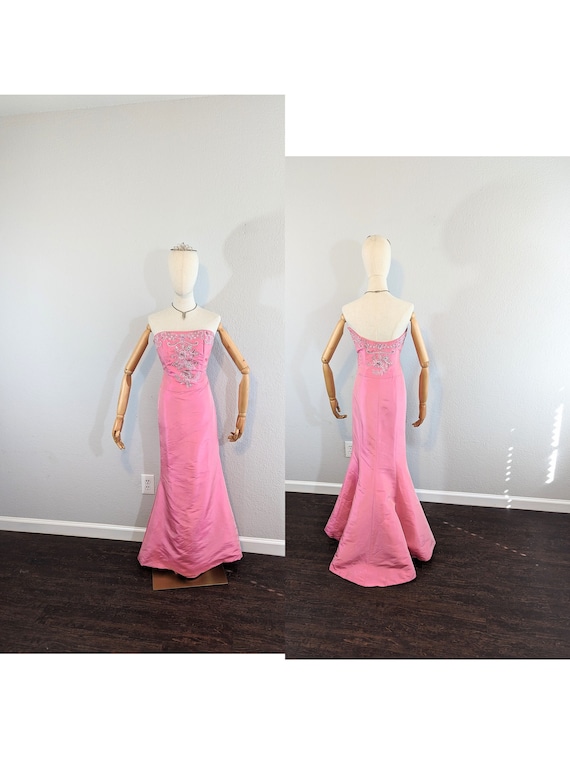 Y2K Escada Pink Strapless Beaded Evening Gown // E